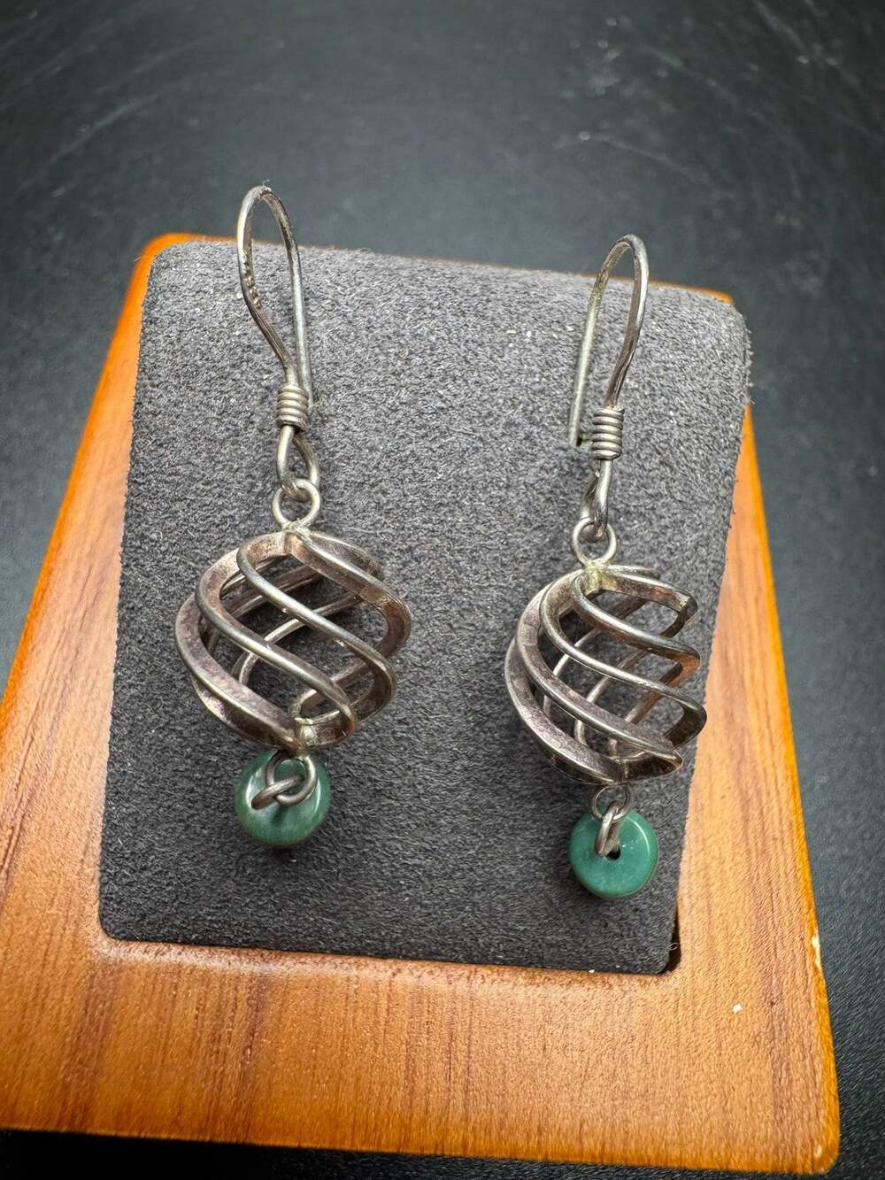 Sterling Silver 925 Spiral Cage Dangle Earrings with Green Gemstone Bead Drops
